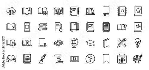Education and reading line icon set. Vector pictograms of book, notebook, graduation cap, globe, pencil, tablet, diploma, target, bookmark, thin outline illustration.