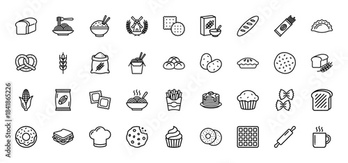 Bakery and grain food line icon set. Vector pictograms of bread, pasta, wheat, flour, noodles, donut, pretzel, pancake, waffle, rice and potato, thin outline illustration.