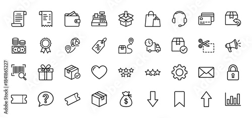 E-commerce and shopping line icon set. Vector pictograms of wallet, cash register, delivery truck, gift, coupon, barcode and money bag, thin outline illustration.
