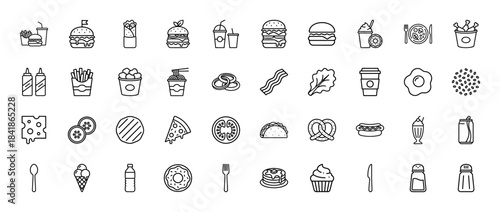 Fast food line icon set. Vector pictograms of burger, pizza, taco, fries, soda, hot dog, donut, ice cream, chicken, sandwich and noodles, thin outline illustration.