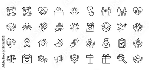 Charity and donation line icon set. Vector pictograms of volunteering, helping hands, fundraising, blood bag, shelter, heart, food, peace dove, thin outline illustration.