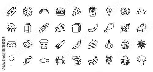 Food and restaurant line icon set. Vector pictograms of burger, pizza, taco, bread, cheese, steak, chicken, fish, crab, cake, donut, thin outline illustration.