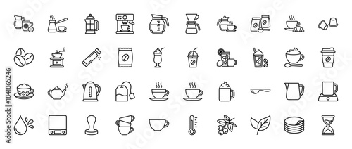 Coffee and tea line icon set. Vector pictograms of espresso machine, grinder, french press, beans, cappuccino, takeaway cup, teapot and kettle, thin outline illustration.