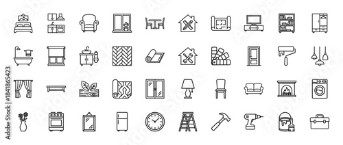 Home improvement and renovation line icon set. Vector pictograms of furniture, tools, blueprint, kitchen, bathroom, sofa, bed, lamp and paint, thin outline illustration