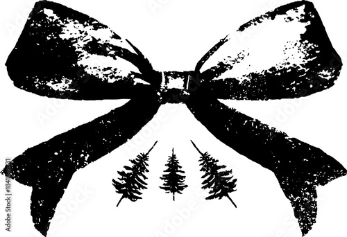 Black and white seasonal decorative bow with pine trees design for holiday crafts and decoration