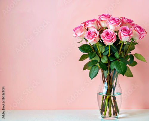 Roses in a vase on a pink background