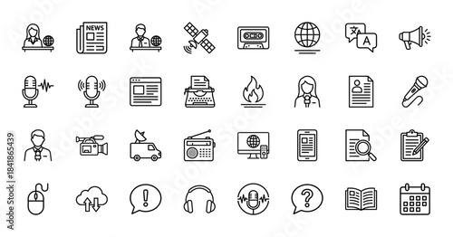 Media and journalism line icon set. Vector pictograms of reporter, microphone, newspaper, satellite, camera, radio, television, podcast, thin outline illustration.