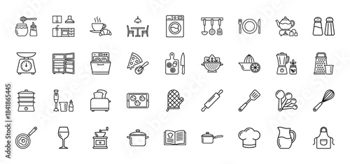 Kitchen and cooking line icon set. Vector pictograms of utensils, appliances, food, chef hat, apron, fridge, blender, toaster and oven mitt, thin outline illustration.