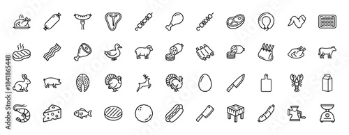Meat and butchery line icon set. Vector pictograms of steak, sausage, chicken, pork, beef, seafood, knife and deli products, thin outline illustration.