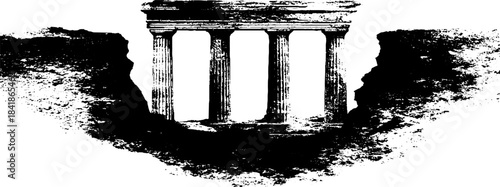 Black and white stencil art of demolished facade with columns