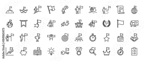 Success and goal achievement line icon set. Vector pictograms of mountain peak, winner flag, trophy, target, leadership, ambition and milestone, thin outline illustration.