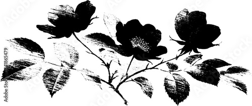Black and white stencil illustration of dense floral blot with leaves