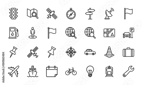 Navigation and travel line icon set. Vector pictograms of map, compass, satellite, traffic light, car, airplane, ship, train, fuel pump, flag, thin outline illustration.