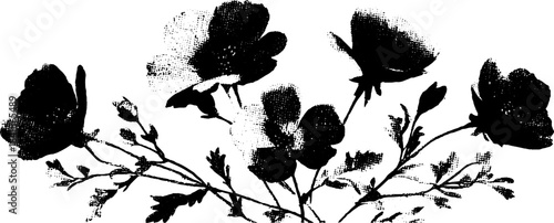 Black and white floral stencil illustration with dense blossoms - design for art projects and decor