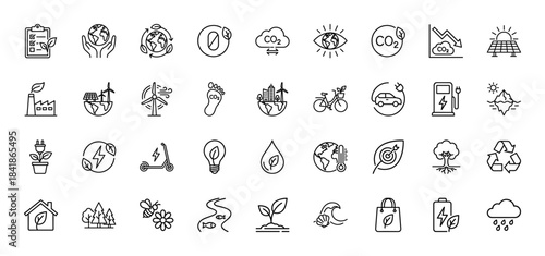 Ecology and nature line icon set. Vector pictograms of solar panel, wind turbine, recycling, carbon footprint, electric car and tree, thin outline illustration.