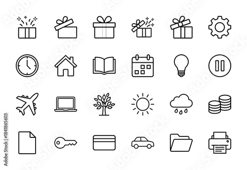 Universal interface line icon set. Vector pictograms of gift, gear, clock, home, book, calendar, bulb, laptop, money, key, car and printer, thin outline illustration