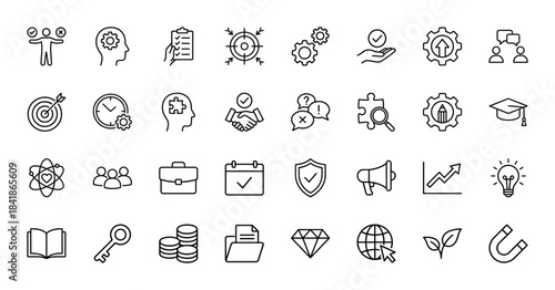 Business management line icon set. Vector pictograms of target, gears, lightbulb, handshake, briefcase, graph, megaphone and money, thin outline illustration.