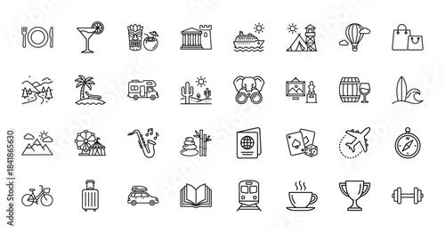 Travel and leisure line icon set. Vector pictograms of suitcase, airplane, beach, camping, sightseeing, dining, cruise, spa, thin outline illustration.