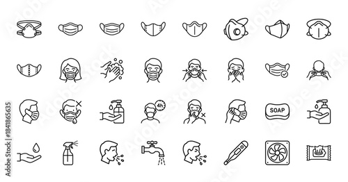 Hygiene and safety line icon set. Vector pictograms of mask, hand wash, sanitizer, soap, thermometer, sneeze, spray, faucet, wipes and fan. Thin outline illustration.