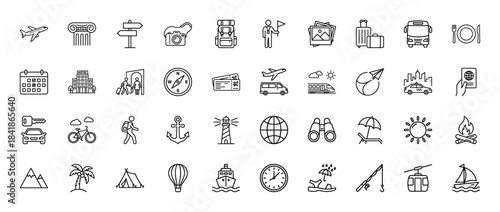 Travel and tourism line icon set. Vector pictograms of airplane, hotel, luggage, passport, camera, transport, beach, camping, thin outline illustration.