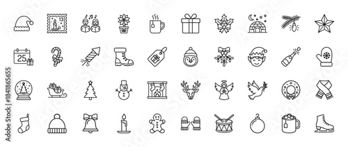 Christmas holiday line icon set. Vector pictograms of Santa hat, gift, snowman, reindeer, tree, ornament, candy cane, fireplace and angel, thin outline illustration.