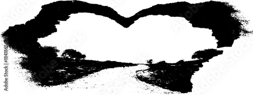 Distressed black and white stencil of a rural road and trees