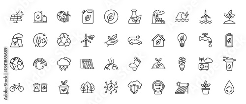 Ecology and green energy line icon set. Vector pictograms of solar panel, wind turbine, recycling, electric car, house, battery, leaf, water, thin outline illustration.