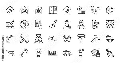 Construction and home repair line icon set. Vector pictograms of hammer, drill, paint, ladder, wrench, worker, plumbing, electricity, and roof, thin outline illustration.