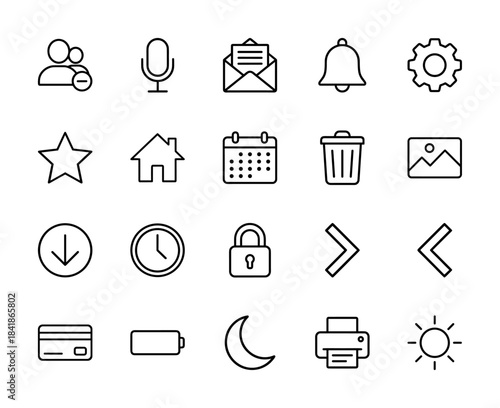 User interface line icon set. Vector pictograms of microphone, mail, settings, home, calendar, trash, image, clock, lock, battery, and printer, thin outline illustration.