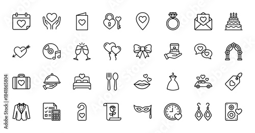 Wedding and romance line icon set. Vector pictograms of heart, ring, cake, dress, champagne, calendar, arch, and tuxedo, thin outline illustration.