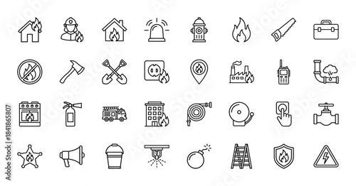 Firefighting and safety line icon set. Vector pictograms of firefighter, truck, extinguisher, hydrant, hose, alarm, siren, flame, axe, ladder, thin outline illustration.