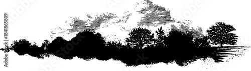 Monochrome forest silhouette with drifting ink cloud for artistic designs