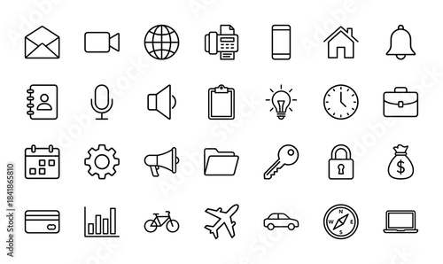 Business and interface line icon set. Vector pictograms of mail, globe, phone, house, clock, briefcase, lock, money, car, laptop, thin outline illustration.