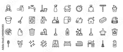 Cleaning and housekeeping line icon set. Vector pictograms of vacuum, mop, bucket, broom, sponge, washing machine, detergent, and spray bottle, thin outline illustration.