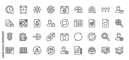Project management and scrum line icon set. Vector pictograms of workflow, gear, calendar, timeline, process, target, strategy, development, thin outline illustration.