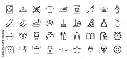 Household and cleaning line icon set. Vector pictograms of washing machine, iron, sewing, vacuum, broom, toilet, shower and hygiene tools, thin outline illustration.