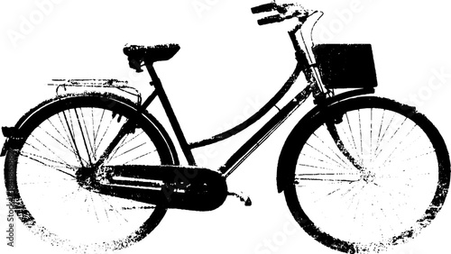 Black and white stencil illustration of a vintage bicycle in motion