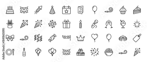 Party and birthday celebration line icon set. Vector pictograms of cake, balloon, gift, fireworks, drink, hat, confetti, thin outline illustration.