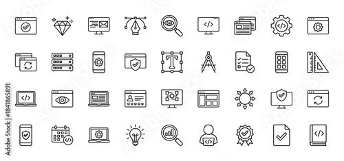 Web development and design line icon set. Vector pictograms of monitor, code, server, shield, gear, smartphone, laptop, checklist and browser, thin outline illustration