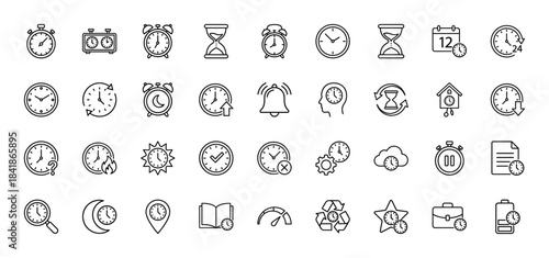 Time and clock line icon set. Vector pictograms of stopwatch, hourglass, calendar, alarm, deadline, schedule, timer, watch, thin outline illustration.