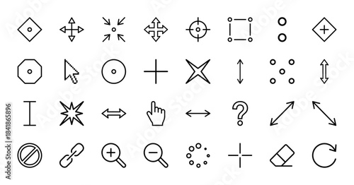 Computer cursor line icon set. Vector pictograms of mouse pointer, resize arrow, zoom, hand click, crop tool, crosshair, loading and eraser, thin outline illustration.