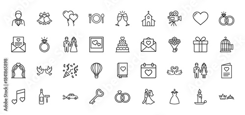 Wedding and romance line icon set. Vector pictograms of bride, groom, rings, cake, church, bouquet, champagne, dove, dress and heart, thin outline illustration.