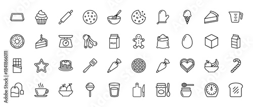 Baking and dessert line icon set. Vector pictograms of cupcake, rolling pin, cookie, bowl, mitt, cake, flour, egg, chocolate, pancakes, waffle, thin outline illustration.