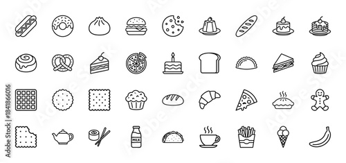 Food and bakery line icon set. Vector pictograms of burger, pizza, donut, cake, bread, sushi, coffee, milk, taco, cookie, waffle and fries, thin outline illustration.