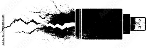 Black and white urban stencil illustration of flash drive with splatter effect