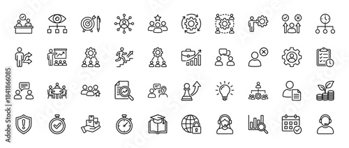 Business management and human resources line icon set. Vector pictograms of meeting, teamwork, recruitment, leadership, career, training, thin outline illustration.