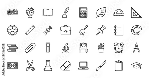 School and education line icon set. Vector pictograms of globe, book, calculator, microscope, backpack, ruler, clock, laptop, and graduation cap, thin outline illustration.