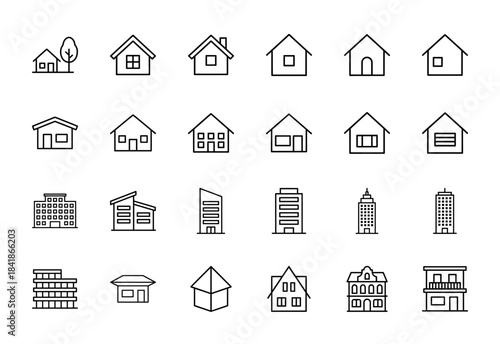 Real estate line icon set. Vector pictograms of house, home, apartment, building, cottage, office tower, skyscraper, garage, thin outline illustration.