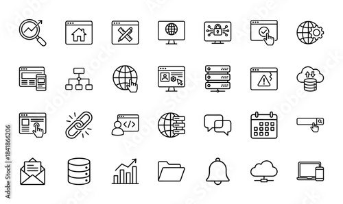 Web development and technology line icon set. Vector pictograms of seo, coding, server, cloud, database, analytics, security and website, thin outline illustration.