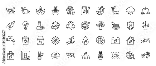 Ecology and sustainability line icon set. Vector pictograms of electric car, solar panel, recycling, wind turbine, green factory, nature leaf, thin outline illustration.
